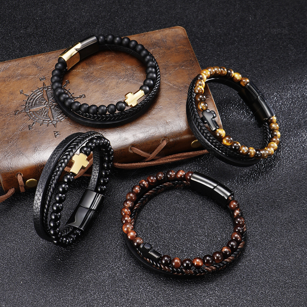 Hotsale Tiger Eye Stone Men's Bead Woven Leather Bead Bracelet Gun Black Cross Charm Braided Leather Cuff Bracelet Wrist Bangle