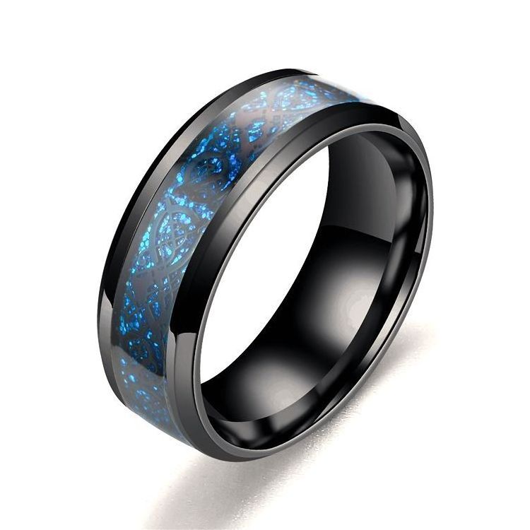 Stainless Steel 8mm Blue Dragon Pattern Beveled Edges Celtic Finger Rings Jewelry Arabic Wedding Rings For Men