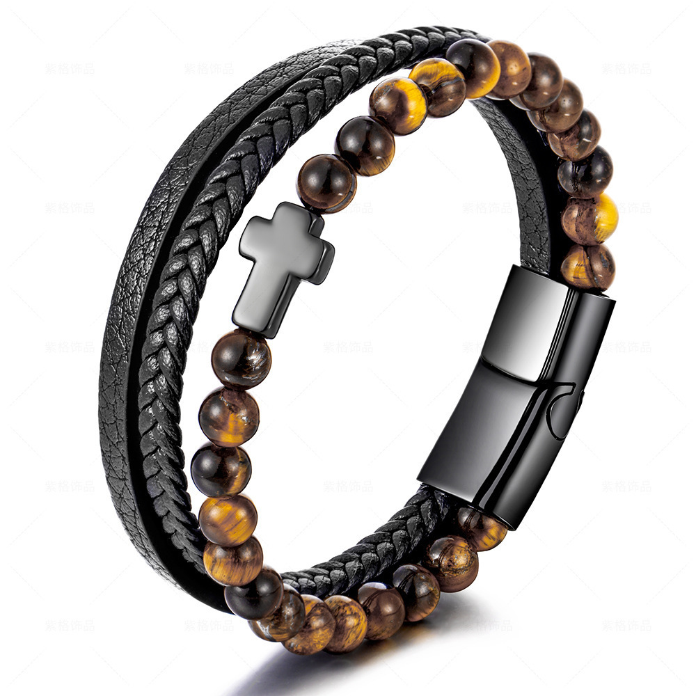 Hotsale Tiger Eye Stone Men's Bead Woven Leather Bead Bracelet Gun Black Cross Charm Braided Leather Cuff Bracelet Wrist Bangle