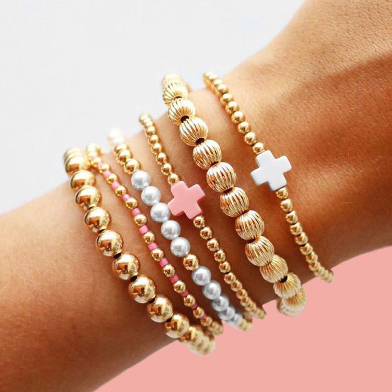 Waterproof Elastic String Non-Tarnish 18K Real Gold Stainless Steel Small Round Ball Spacer Bead Stretch Bracelet for Women