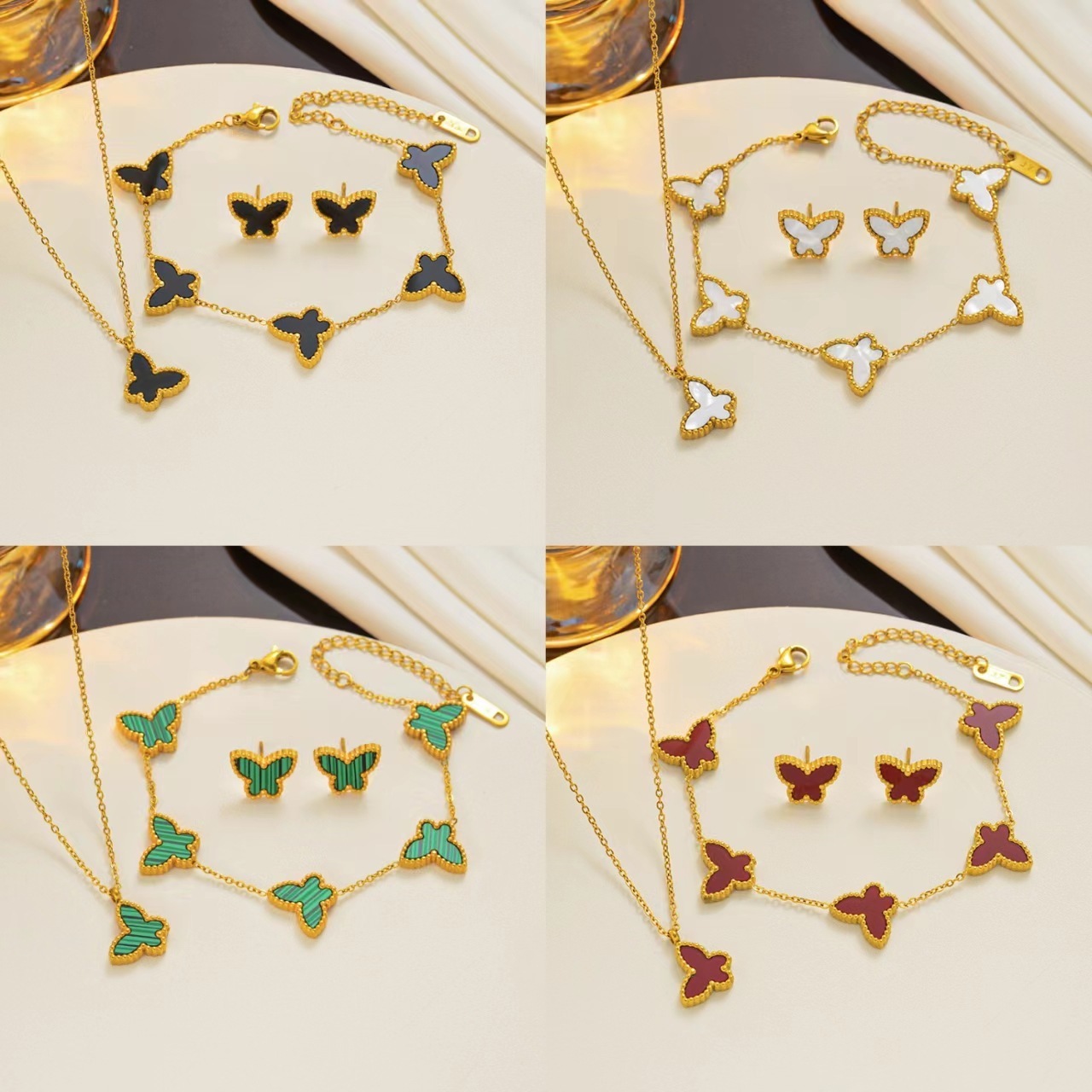 Wholesale Vintage High Quality Fashion 18K Gold Blue Stainless Steel Butterfly  Pendant Necklace Set Jewelry For Women