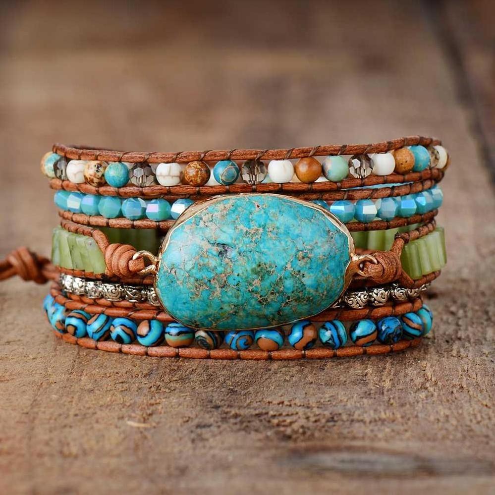 Bohemian Handmade Huge Turquoise Stone Bracelet Multilayer Leather Wrap Natural Stone Bead Bracelet