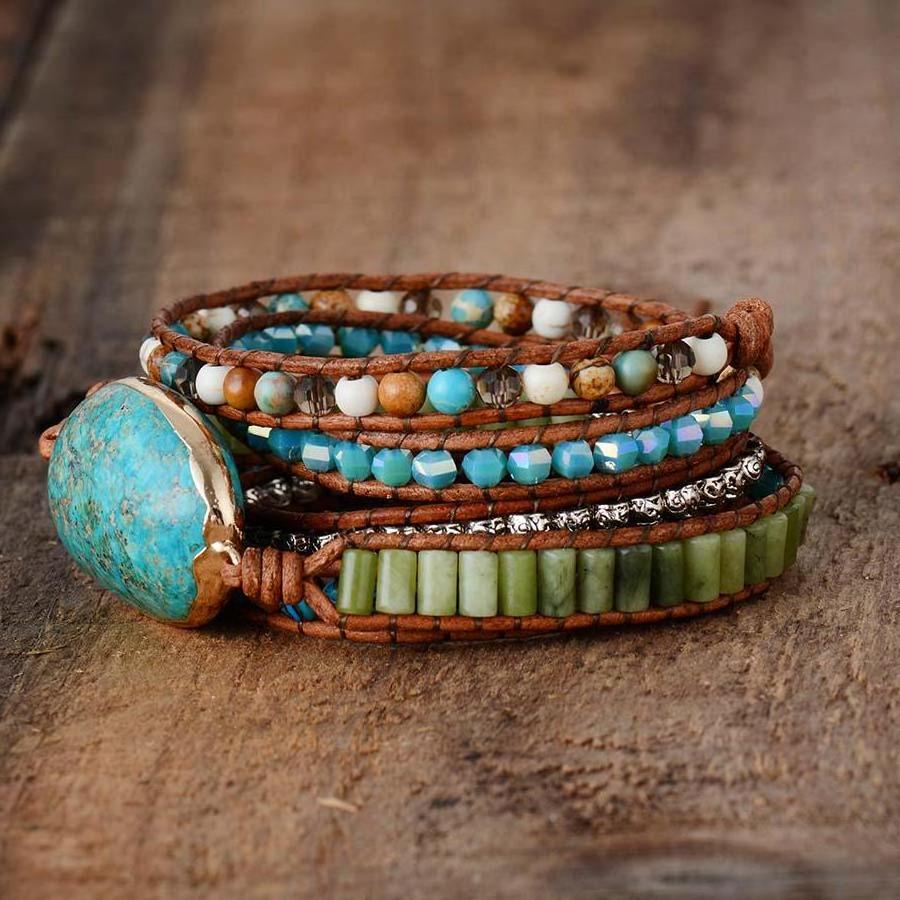 Bohemian Handmade Huge Turquoise Stone Bracelet Multilayer Leather Wrap Natural Stone Bead Bracelet