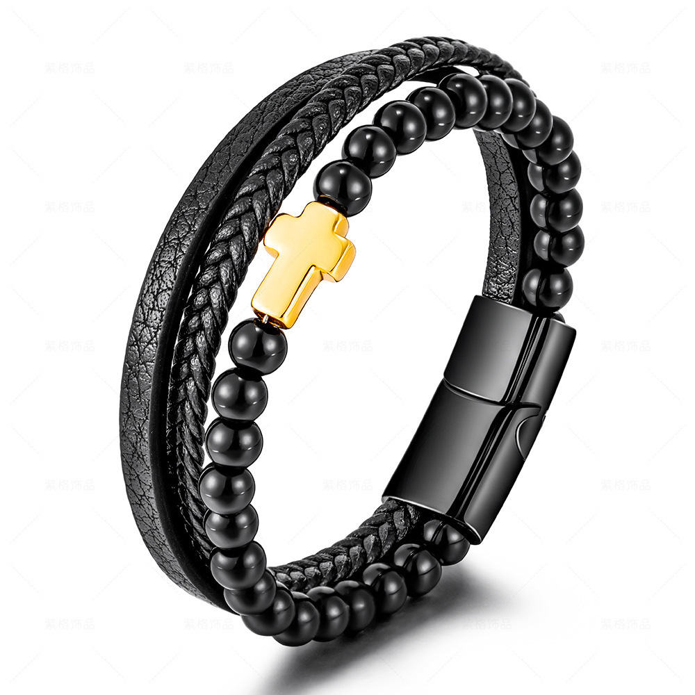 Hotsale Tiger Eye Stone Men's Bead Woven Leather Bead Bracelet Gun Black Cross Charm Braided Leather Cuff Bracelet Wrist Bangle