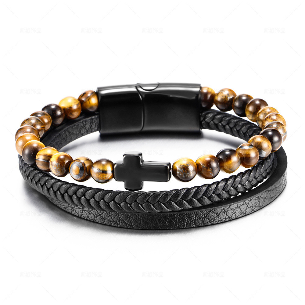 Hotsale Tiger Eye Stone Men's Bead Woven Leather Bead Bracelet Gun Black Cross Charm Braided Leather Cuff Bracelet Wrist Bangle