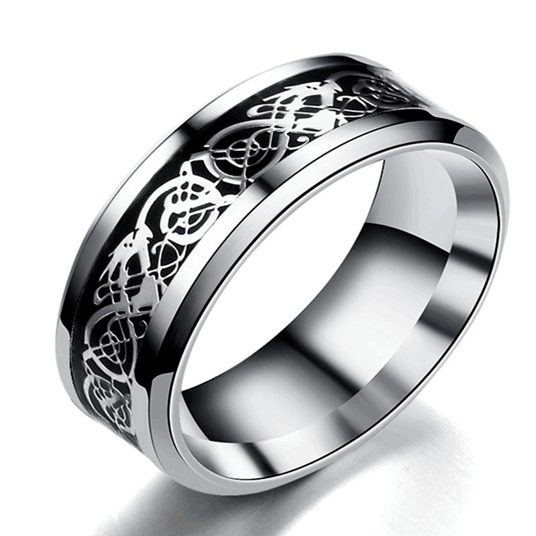 Stainless Steel 8mm Blue Dragon Pattern Beveled Edges Celtic Finger Rings Jewelry Arabic Wedding Rings For Men