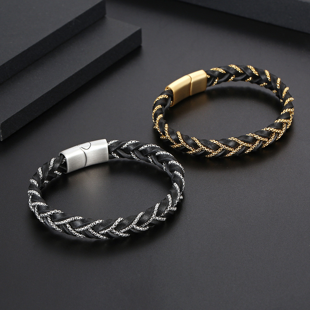 Custom Fashion Bangles Handmade Woven Rope Metal Charm Jewelry For Women Chain Braided Wrap Leather Stainless Steel Men Bracelet