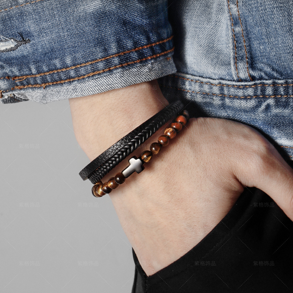 Hotsale Tiger Eye Stone Men's Bead Woven Leather Bead Bracelet Gun Black Cross Charm Braided Leather Cuff Bracelet Wrist Bangle