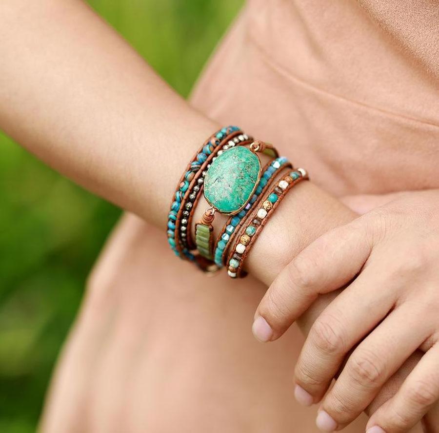 Bohemian Handmade Huge Turquoise Stone Bracelet Multilayer Leather Wrap Natural Stone Bead Bracelet