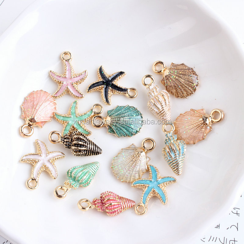 Diy Unique Gold Plated Metal Alloy Pink Enamel Starfish Sea Shell Charm Pendant For Jewelry Making