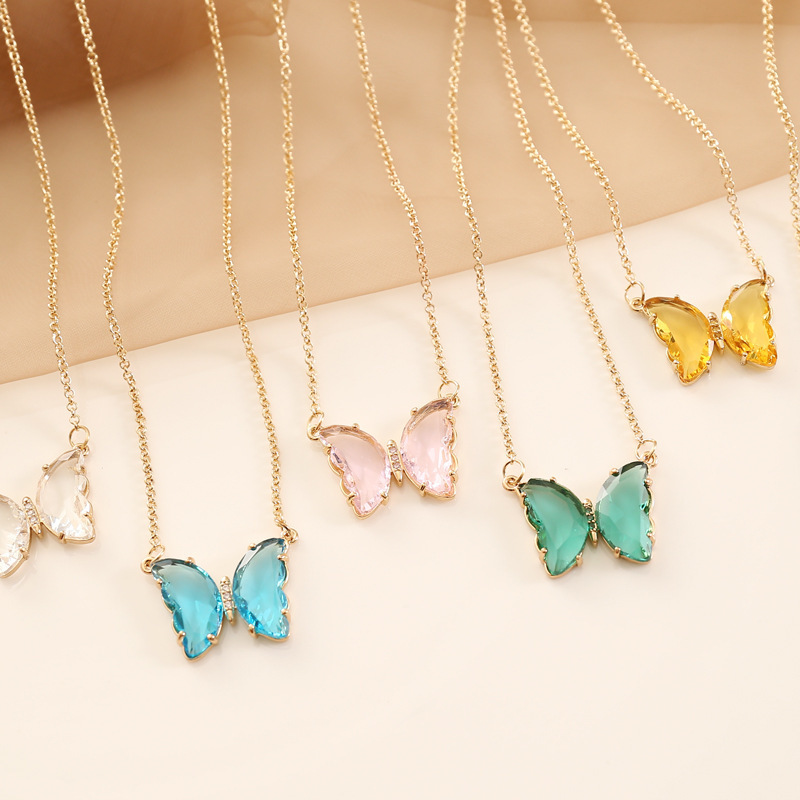 New Creative Real Gold Plated Green Glass Butterfly Necklace Clear Crystal Butterfly Necklace Jewelry For Women Gift