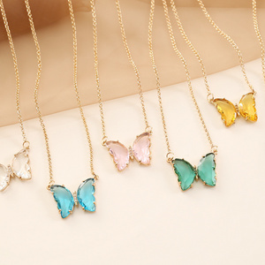 New Creative Real Gold Plated Green Glass Butterfly Necklace Clear Crystal Butterfly Necklace Jewelry For Women Gift