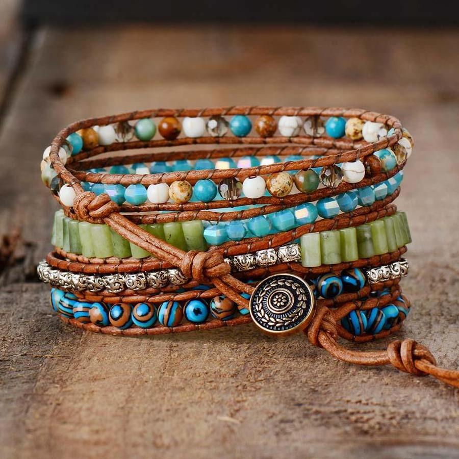 Bohemian Handmade Huge Turquoise Stone Bracelet Multilayer Leather Wrap Natural Stone Bead Bracelet