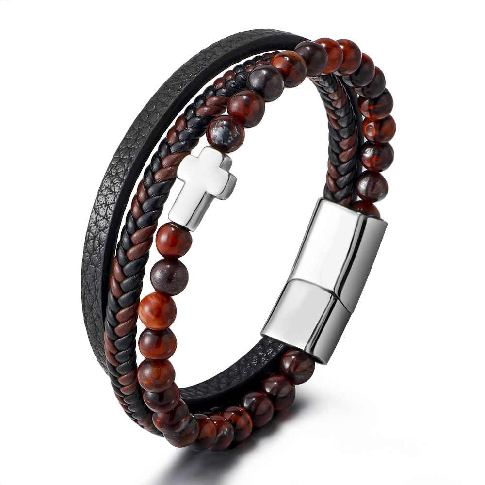 Hotsale Tiger Eye Stone Men's Bead Woven Leather Bead Bracelet Gun Black Cross Charm Braided Leather Cuff Bracelet Wrist Bangle