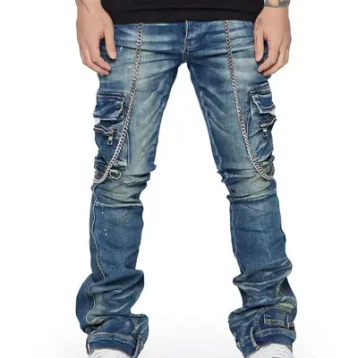 stacked flare denim jeans pants high quality stacked denim jeans washed stacked jeans