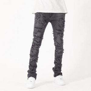 OEM Wholesale Vintage Ripped Blank Washed Skinney Stacked Jeans For Men