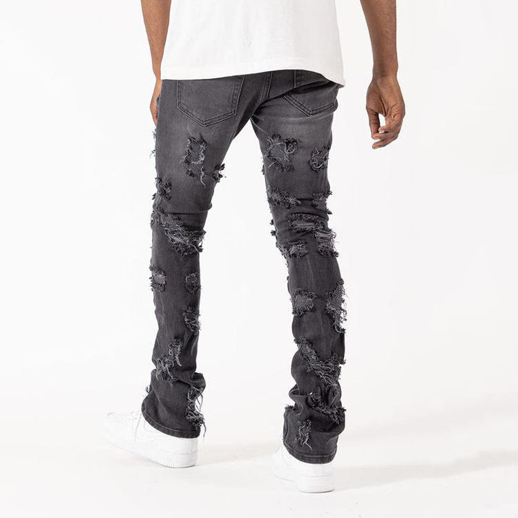 OEM Wholesale Vintage Ripped Blank Washed Skinney Stacked Jeans For Men