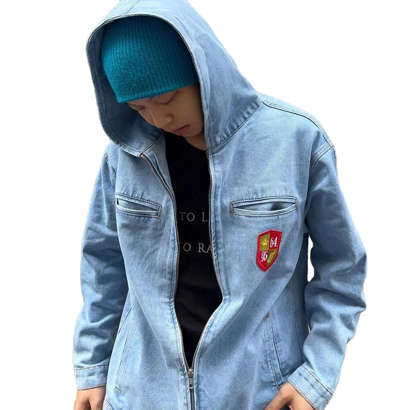 Manufacturer high Quality Men Casual Custom Logo Kangaroo Pocket Cotton Denim Jacket