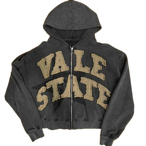 High Quality Streetwear Manufacturer Washed Patchwork Custom Logo Embroidered Zip up Graphic Distressed Applique Patch Hoodies