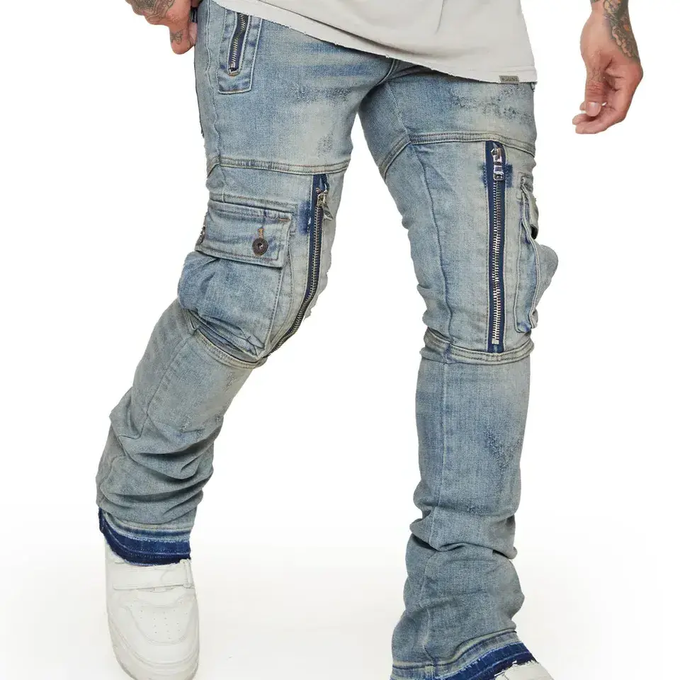 High Quality Manufacturer Zipper Washed Denim Distressed Ripped Flared Stacked Jeans