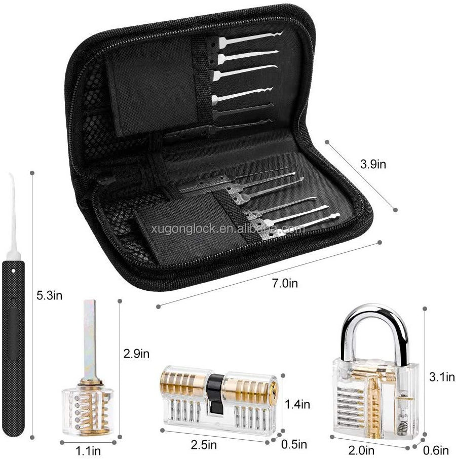 Stainless Steel hook lock pick tools set with Transparent Practice Padlock locksmith tool lockpicking Multitool Lock Set