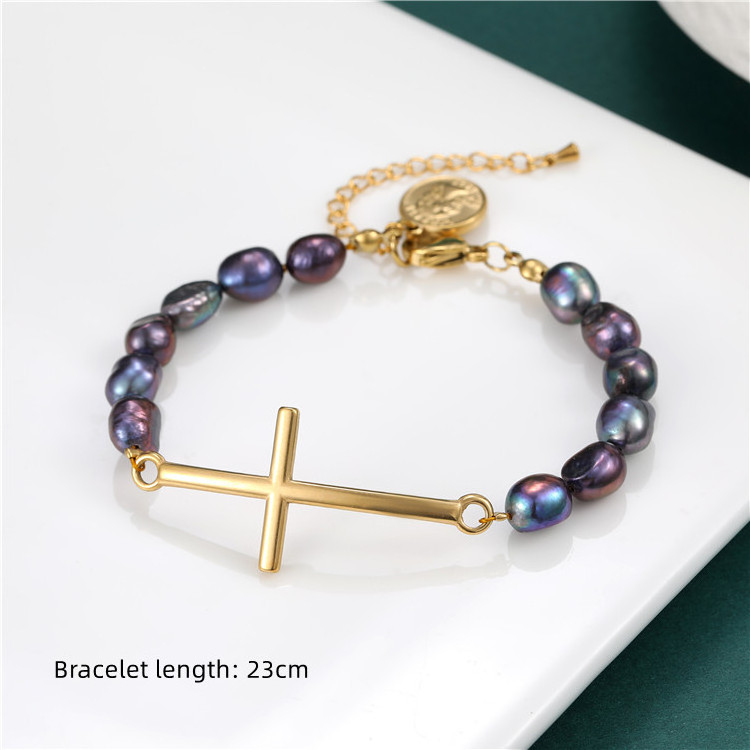 Exquisite 18k gold plated cross Stainless steel Lucky charm Freshwater Pearl Jewelry natural pearl bracelet