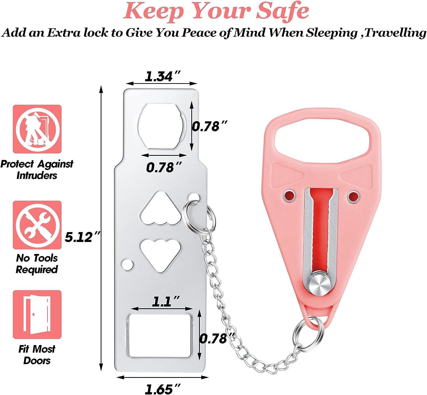 Pink Portable Door Lock Home Security Door Locker Travel Lockdown Locks for Additional Safety and Privacy Perfect