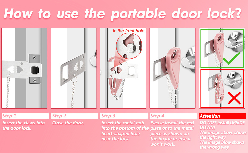 Pink Portable Door Lock Home Security Door Locker Travel Lockdown Locks for Additional Safety and Privacy Perfect