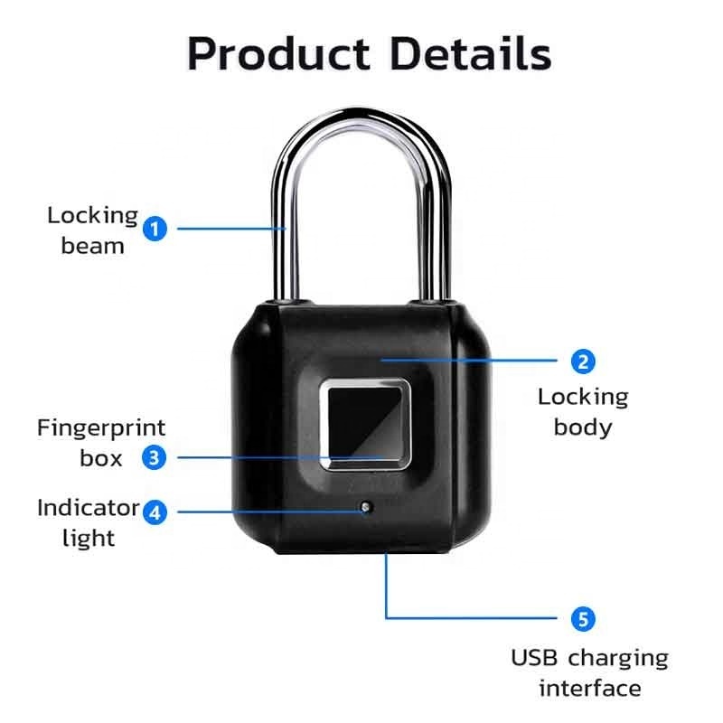 Intelligent Fingerprint Padlock Rechargeable portable Mini Electronic Padlock for Anti-theft school Cabinet lock