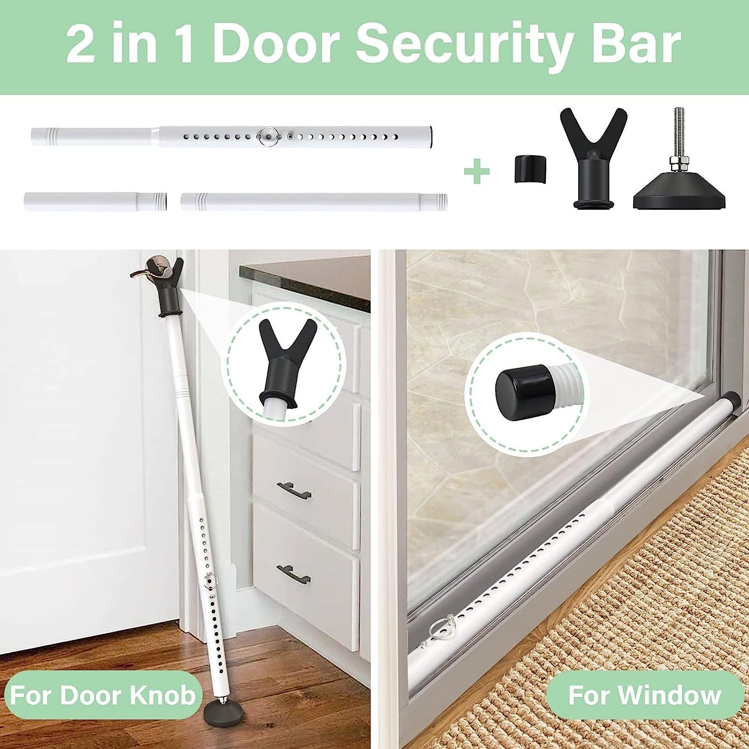 2-in-1 Adjustable Door Security Bar Sliding Jammer Lock Cylinder for House Apartment School Hotel Door Security Enhancement