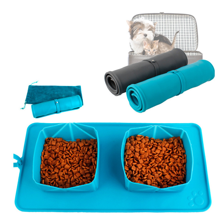 Wholesale Pet Folding Double Silicone Bowl Flannel Bag Dog Bottle Easy To Carry Pet Outdoor Environmentally Cat Bowl