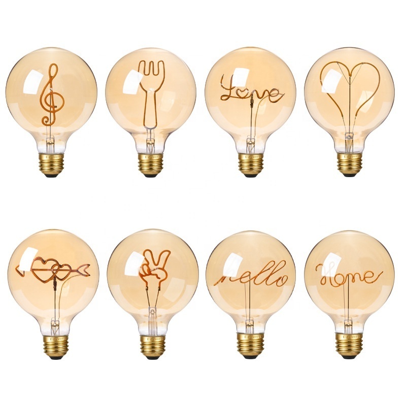 G125 E27 amber color dimmable light LED filament spherical shape lamp bulb love home hello words