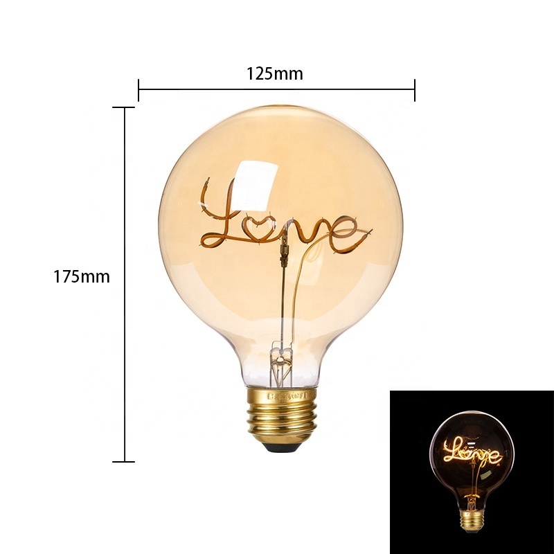 G125 E27 amber color dimmable light LED filament spherical shape lamp bulb love home hello words