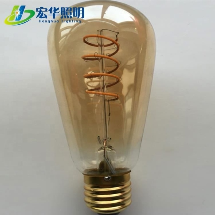 ST64 220V 4W modern amber glass curved led filament bulb for decoration