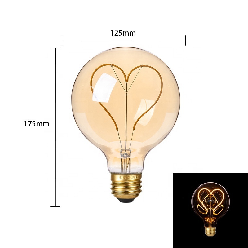 G125 E27 amber color dimmable light LED filament spherical shape lamp bulb love home hello words