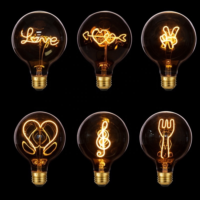 G125 E27 amber color dimmable light LED filament spherical shape lamp bulb love home hello words