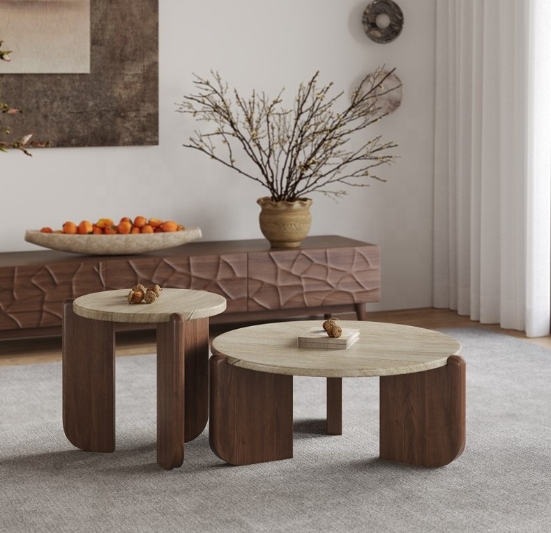 2024 Nordic solid wood coffee table marble living room tea table light luxury home travertine round tea table