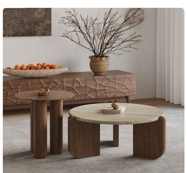 2024 Nordic solid wood coffee table marble living room tea table light luxury home travertine round tea table