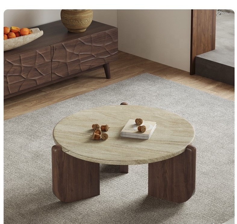 2024 Nordic solid wood coffee table marble living room tea table light luxury home travertine round tea table