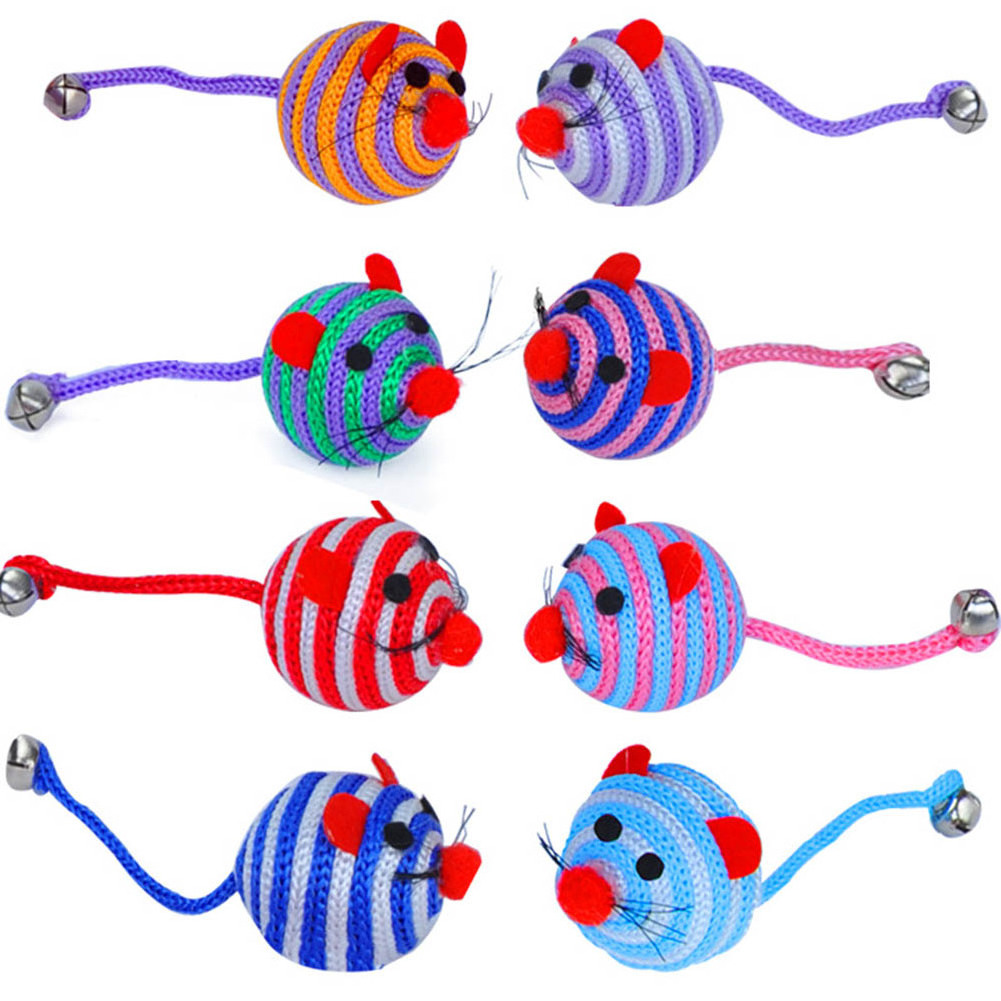 Lovely Stripe Nylon Rope Round Ball Mouse Long Tail Bell Pet Cat Bite Play Toy Training Toys Pet Supplies Interactive toys