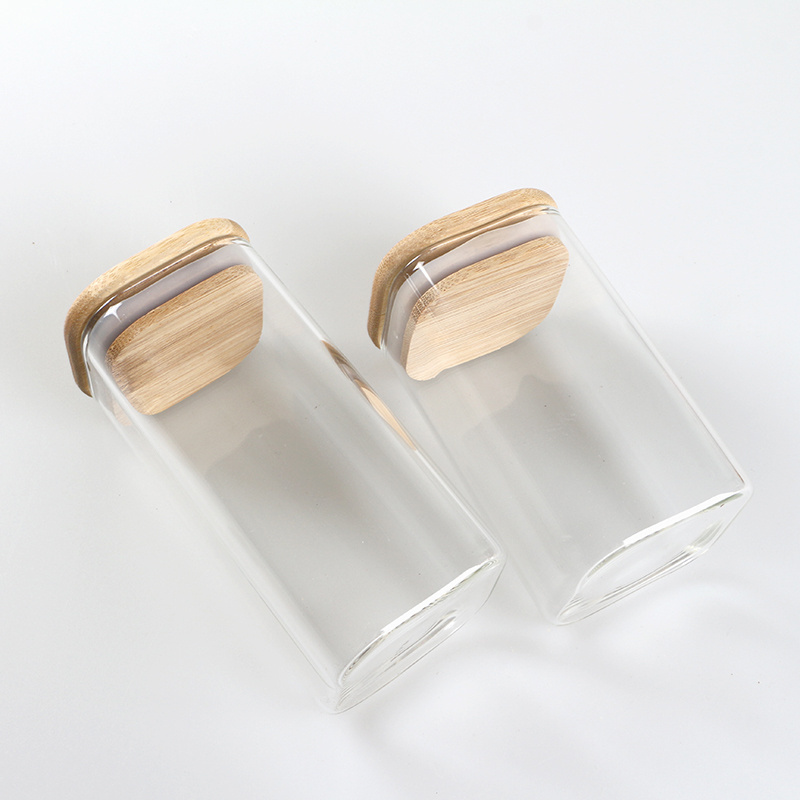 High borosilicate 200ml 300ml 500ml 650ml square glass storage jar food jar with bamboo lid