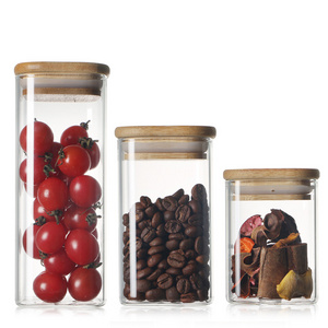 High borosilicate 200ml 300ml 500ml 650ml square glass storage jar food jar with bamboo lid