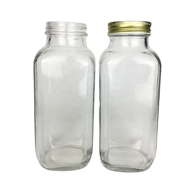 Wholesale 500ml french square clear glass juice bottle with lid