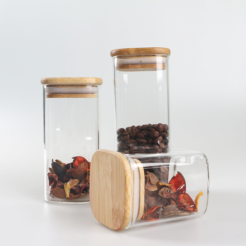 High borosilicate 200ml 300ml 500ml 650ml square glass storage jar food jar with bamboo lid