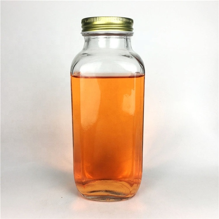 Wholesale 500ml french square clear glass juice bottle with lid