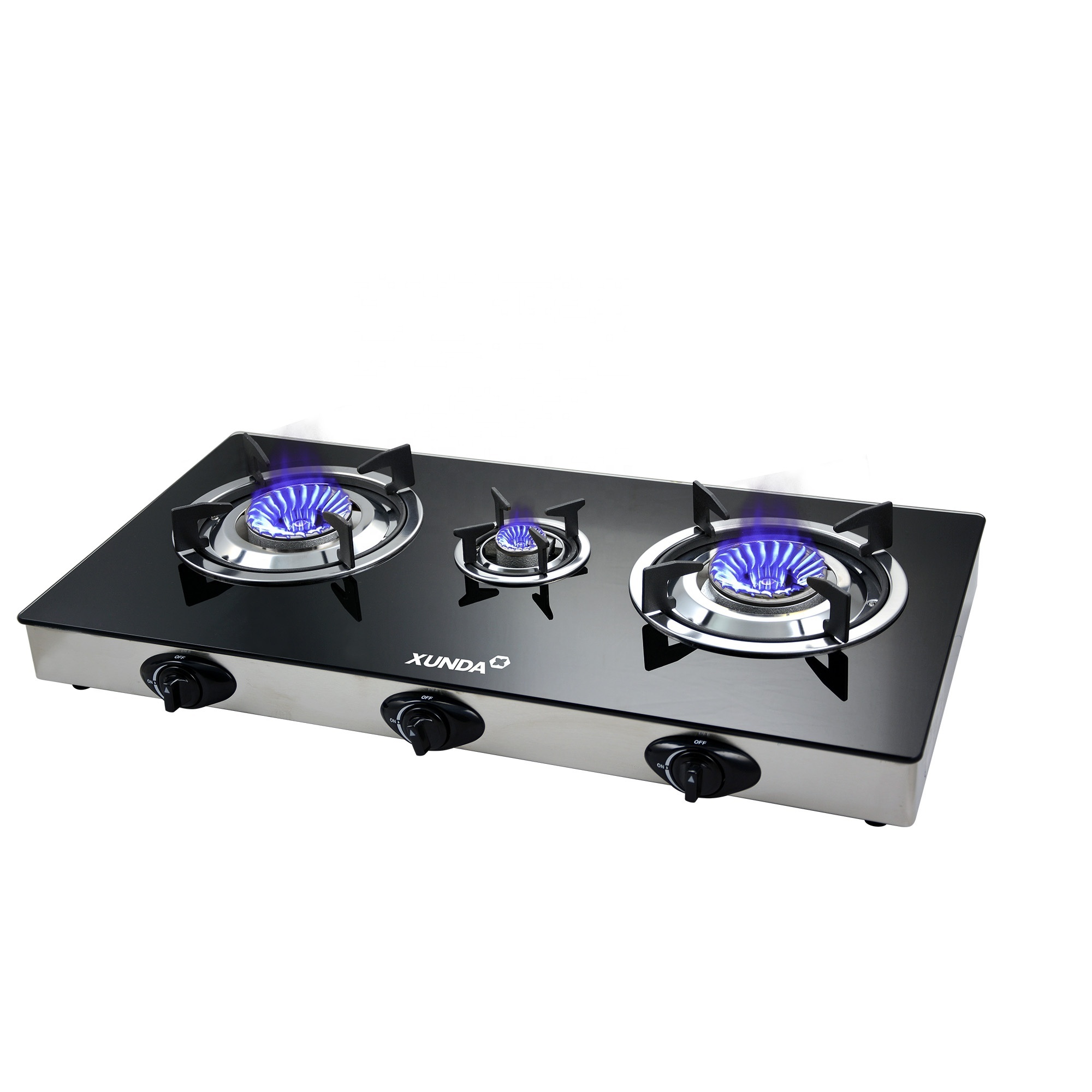 Xunda  Tempered Glass Gas Stove 3 Burner Custom Or Standard Cooking Gas Stove And Cylinder Cheap Table Gas Cooker