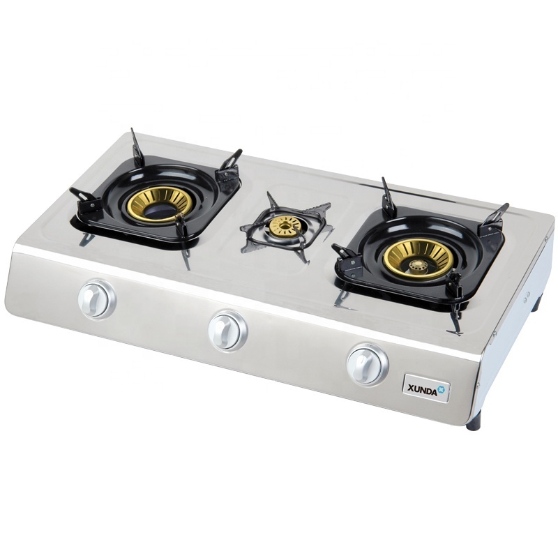 Xunda Manufacturer Gas Stove 3 Burner Stainless Steel Table Top Gas Cooker Stoves