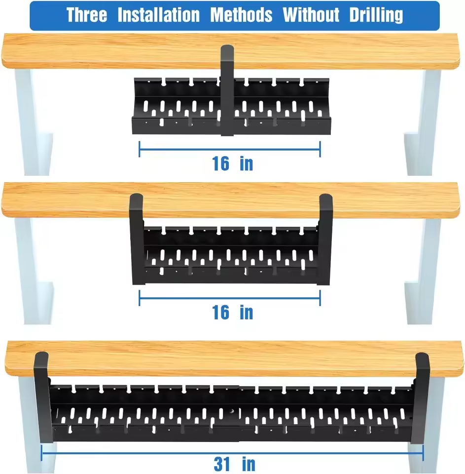 Smart No Drill  Width Adjustable Large Capacity Under Desk Cable Management Tray  Desktop Cable Storage Organizer with Clip