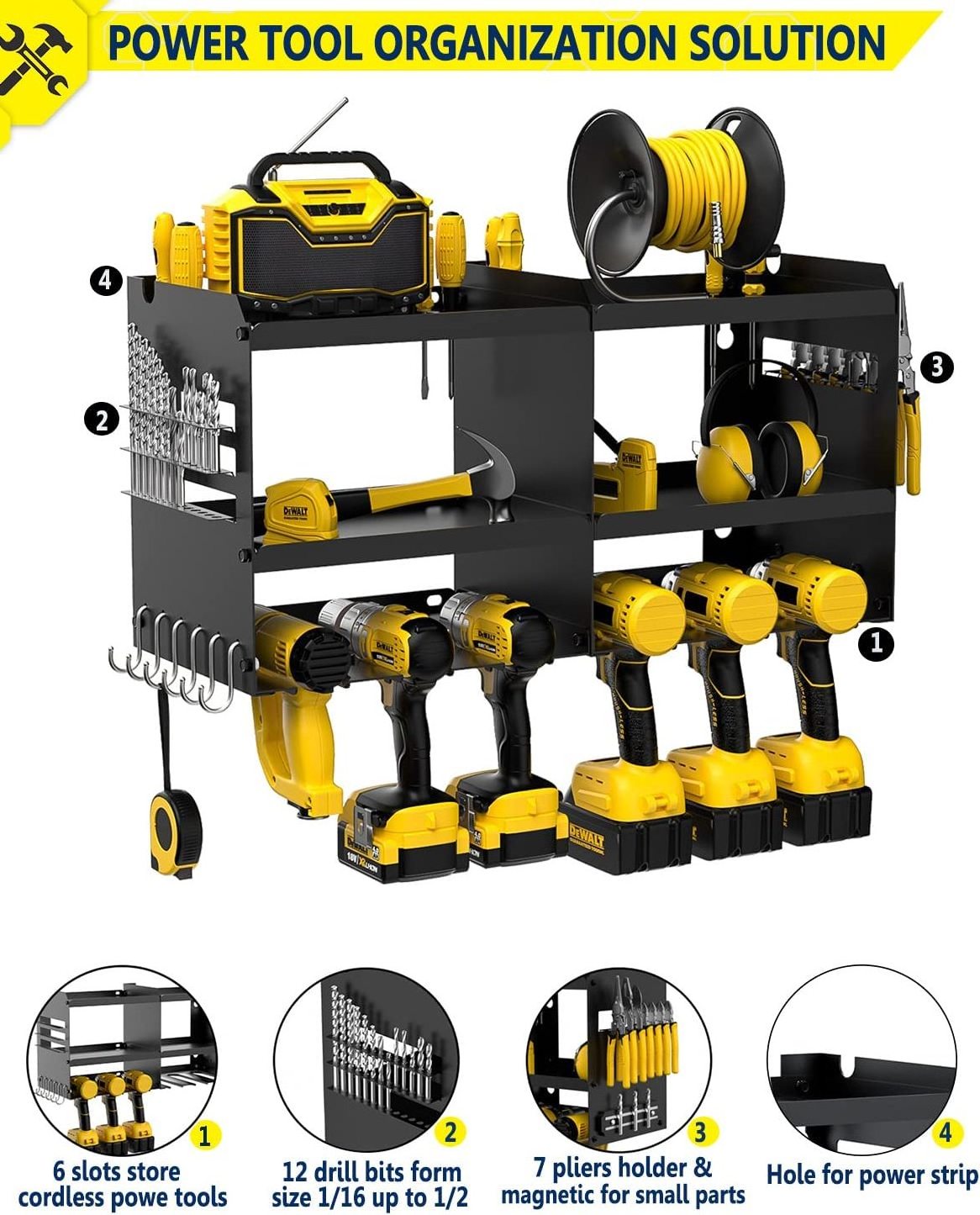 Wall Mount Garage Power Tool Organizer Storage Rack 6 Drill Holder Metal Utility Tool Shelf Pegboard Drill Storage Rack