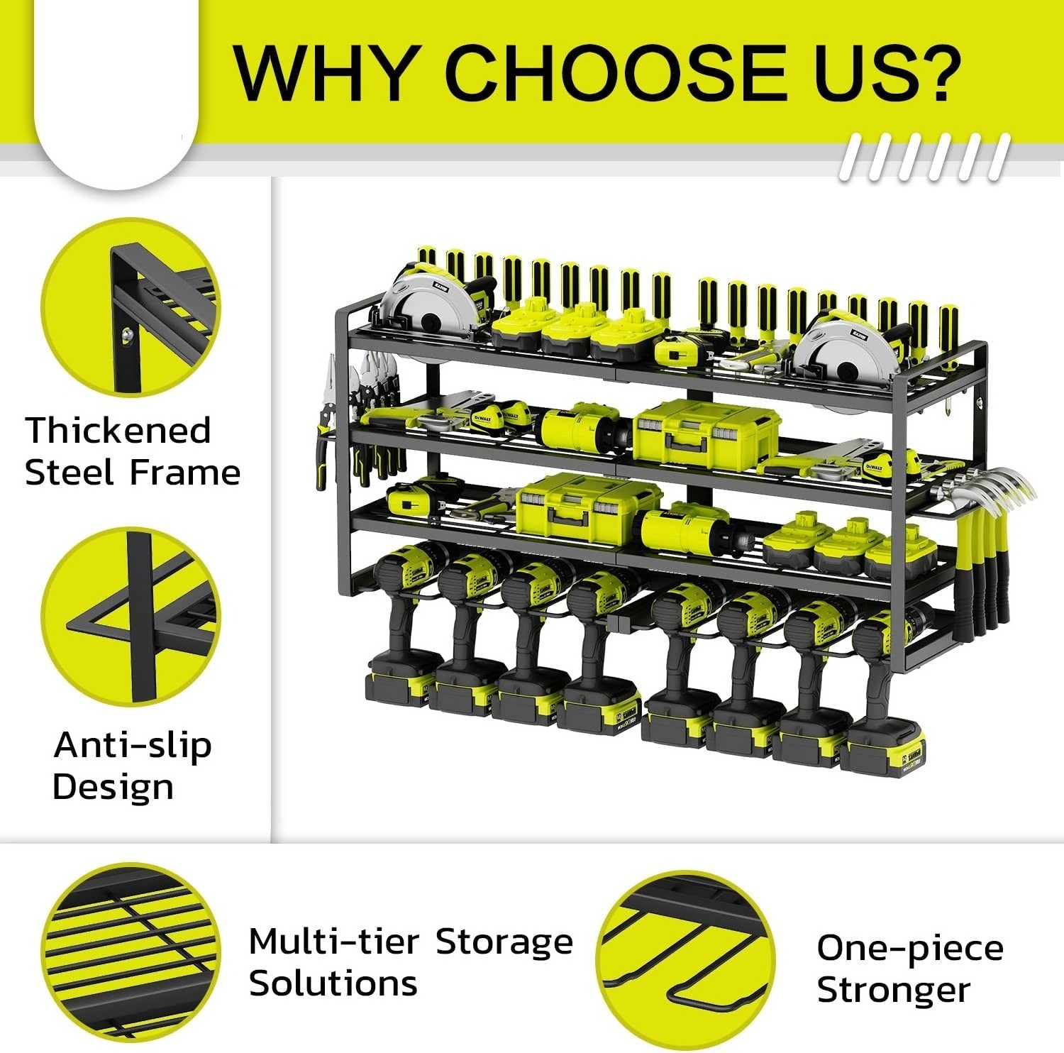 Power Tool Organizer 8 Drill Holder Wall Mount 4 Layer Heavy Duty Metal Power Tool Storage Rack